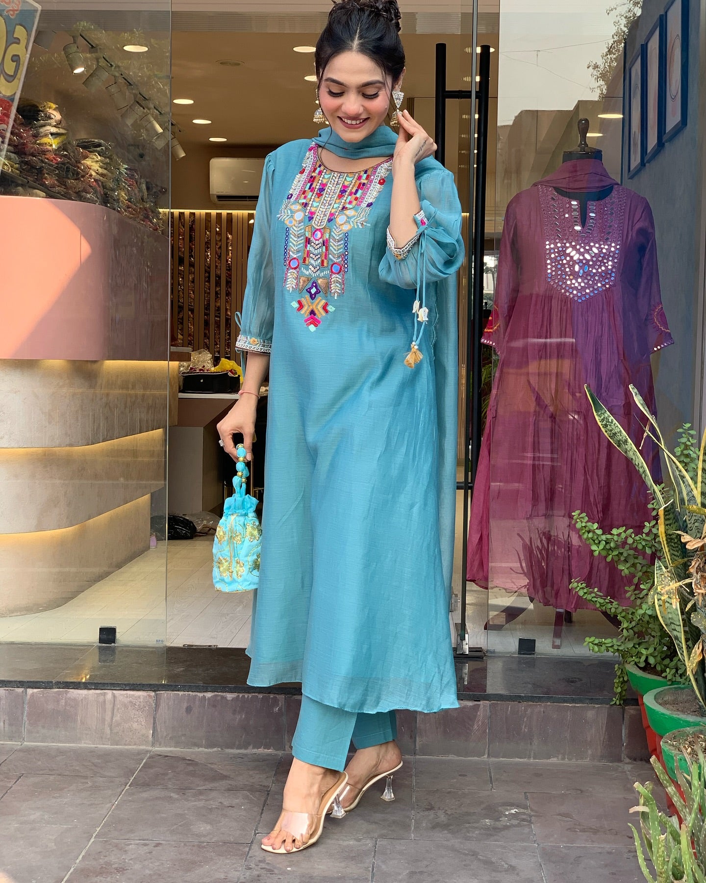 Blue Color Chanderi Silk Designer Kurti Pant Set