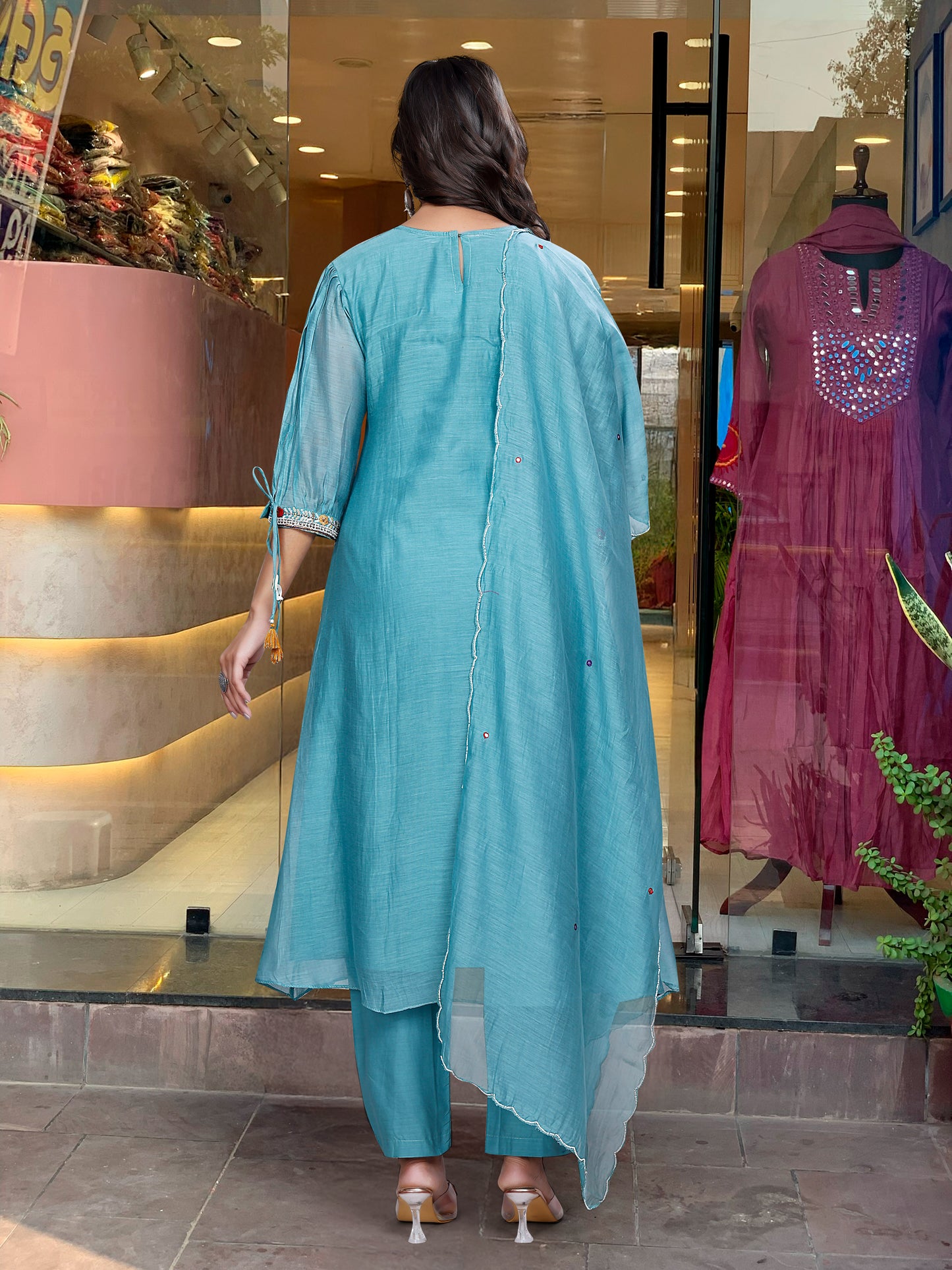 Blue Color Chanderi Silk Designer Kurti Pant Set
