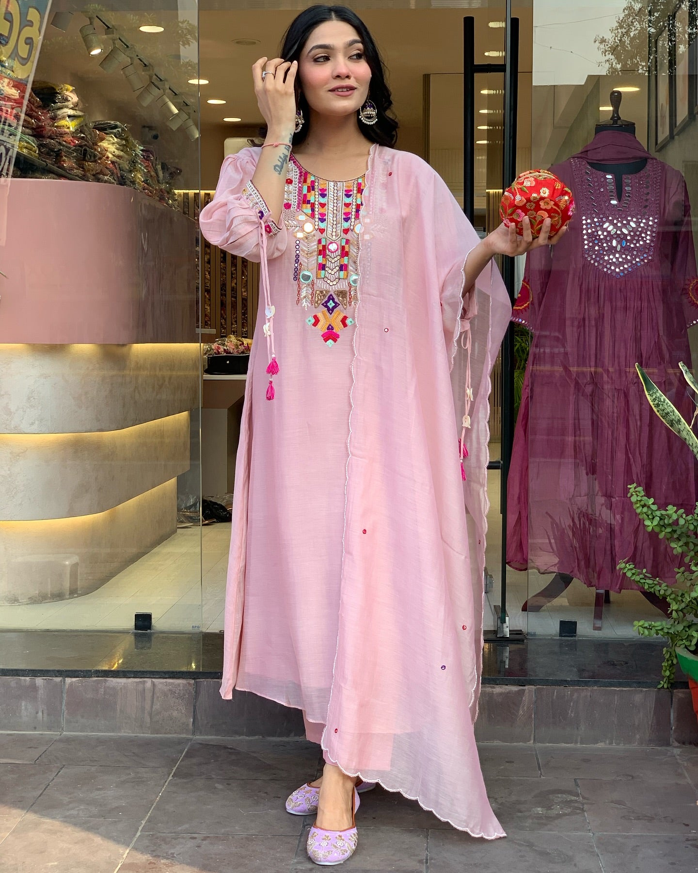 Pink Color Chanderi Silk Designer Kurti Pant Set