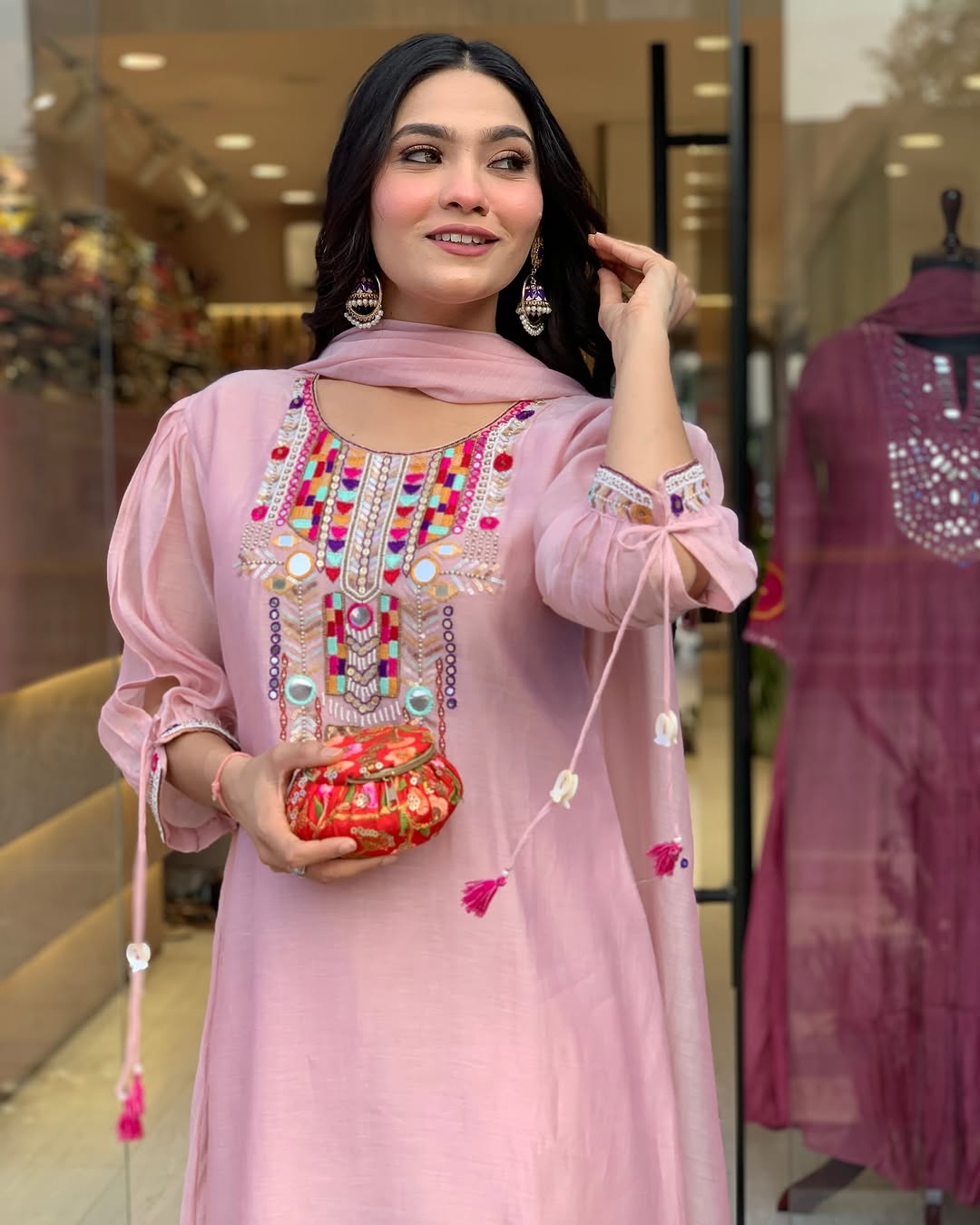 Pink Color Chanderi Silk Designer Kurti Pant Set