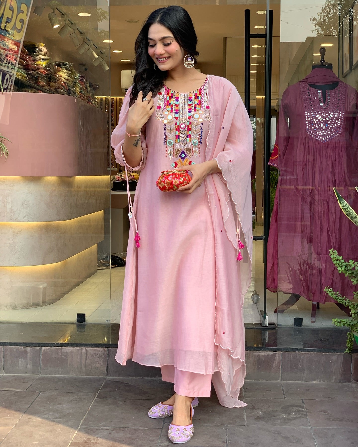 Pink Color Chanderi Silk Designer Kurti Pant Set