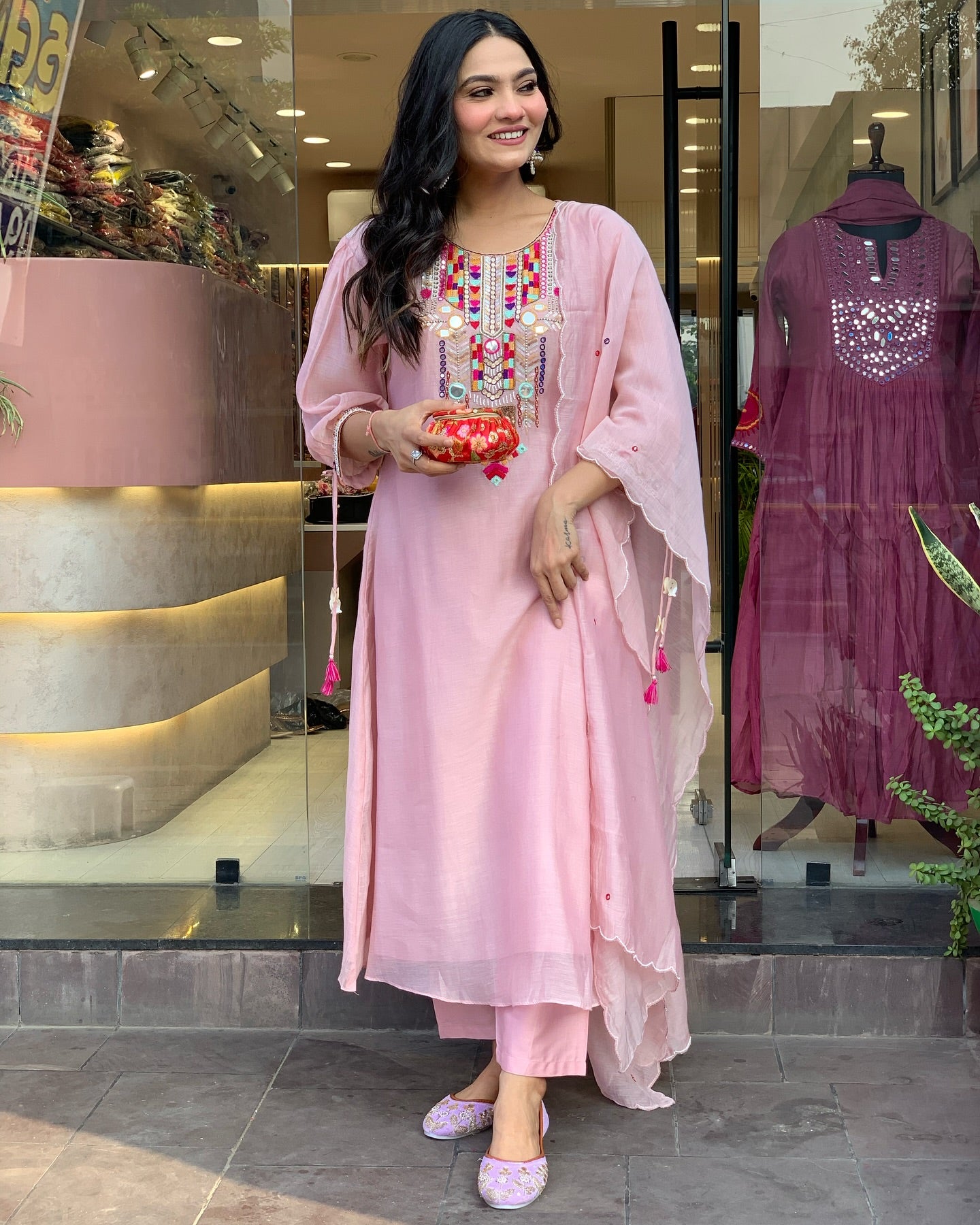 Pink Color Chanderi Silk Designer Kurti Pant Set