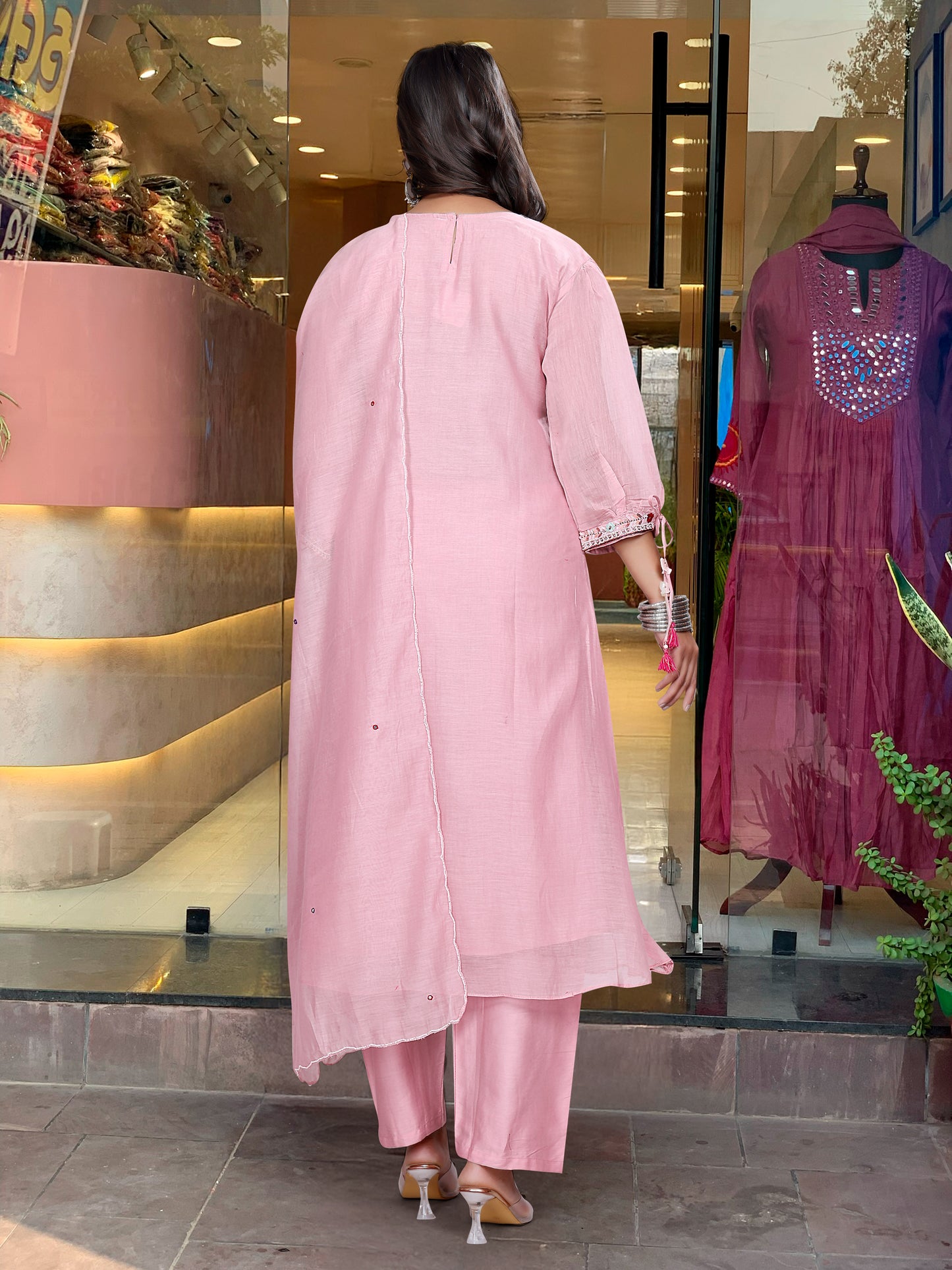 Pink Color Chanderi Silk Designer Kurti Pant Set