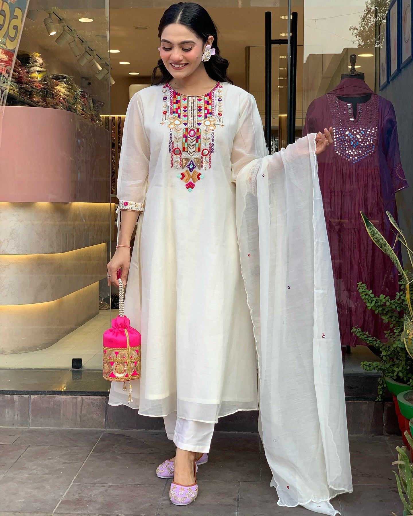 White Color Chanderi Silk Designer Kurti Pant Set