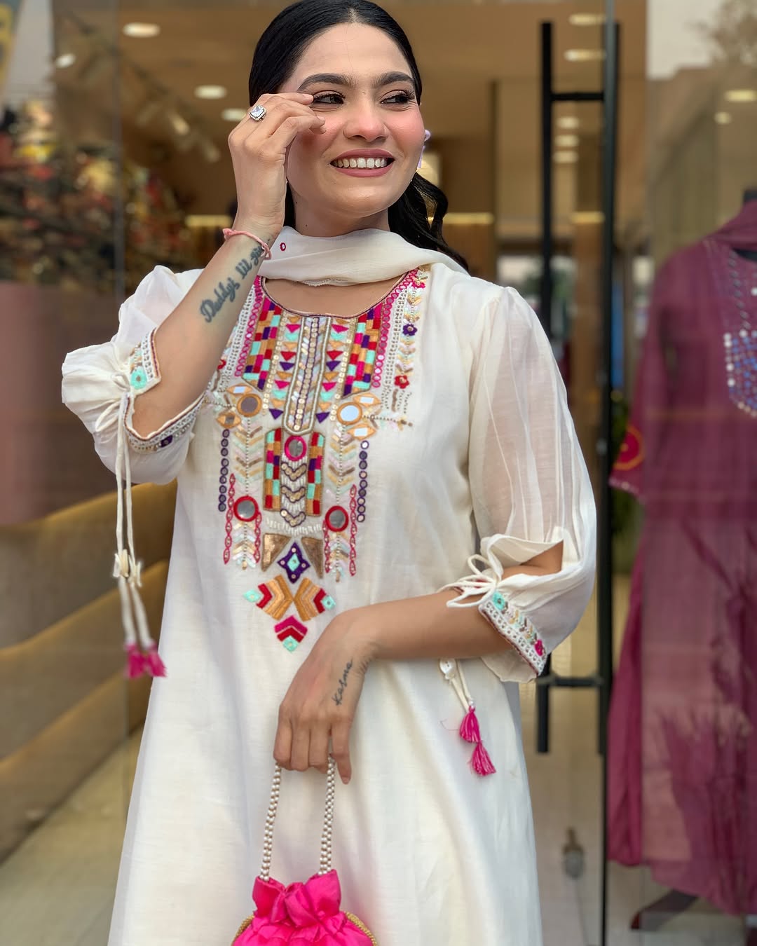 White Color Chanderi Silk Designer Kurti Pant Set