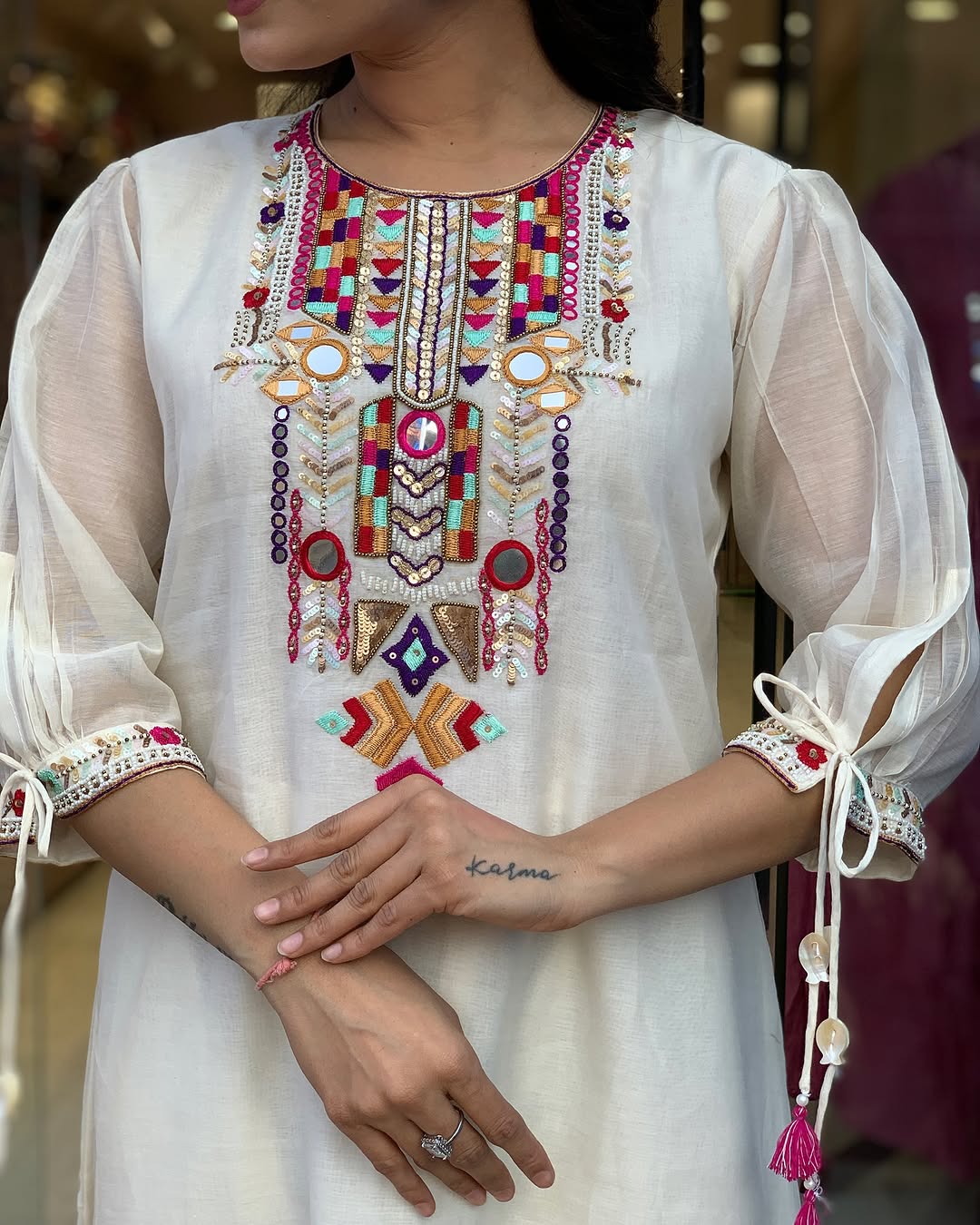 White Color Chanderi Silk Designer Kurti Pant Set