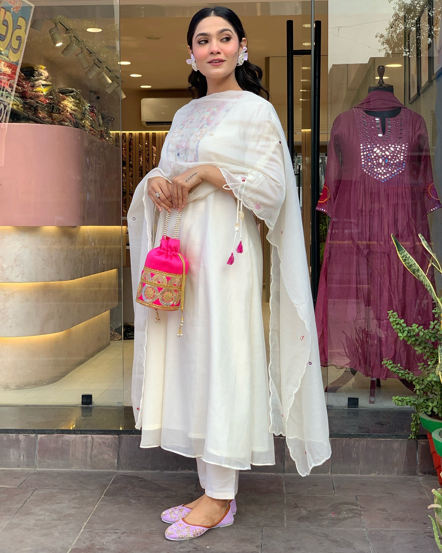 White Color Chanderi Silk Designer Kurti Pant Set