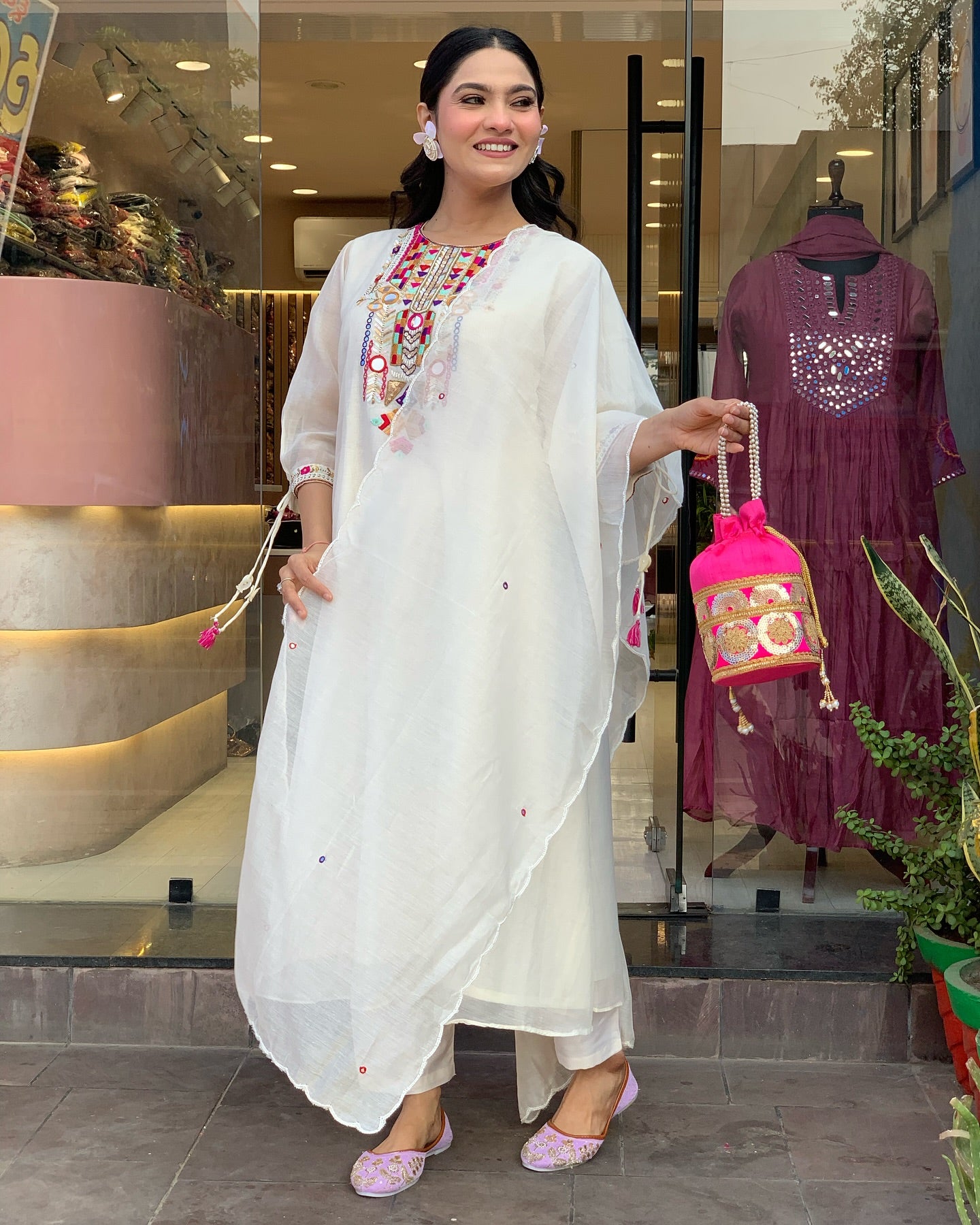White Color Chanderi Silk Designer Kurti Pant Set