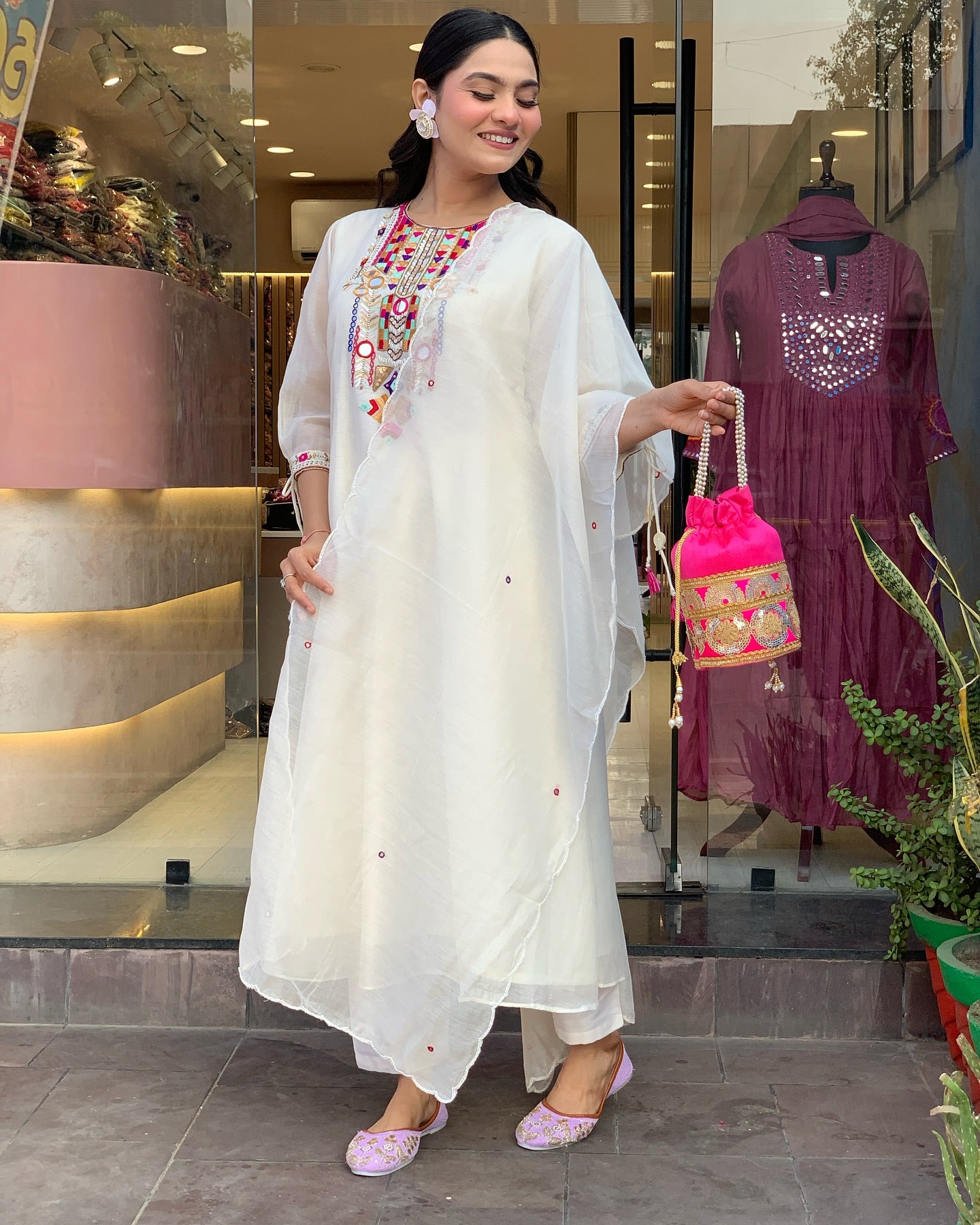 White Color Chanderi Silk Designer Kurti Pant Set