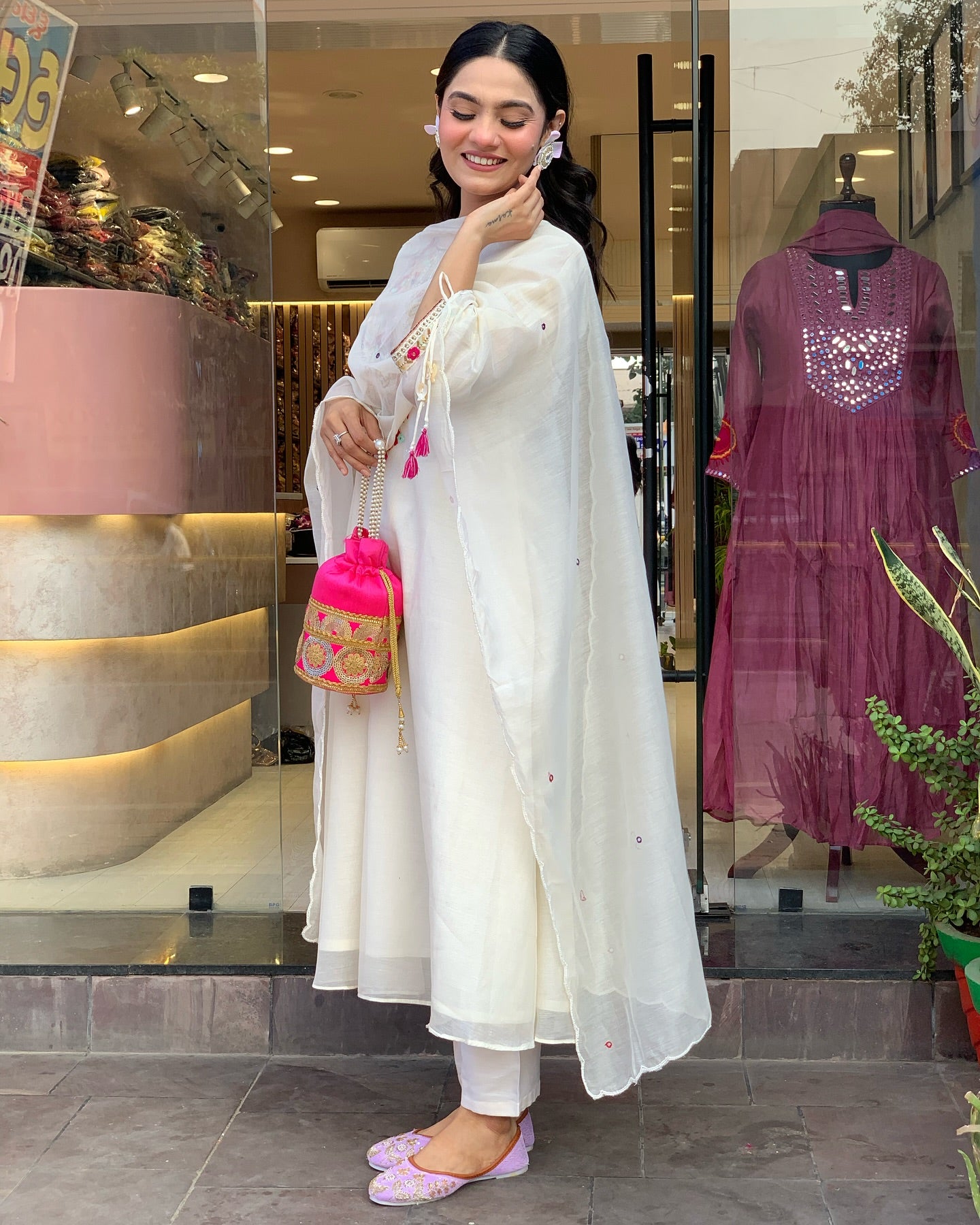 White Color Chanderi Silk Designer Kurti Pant Set