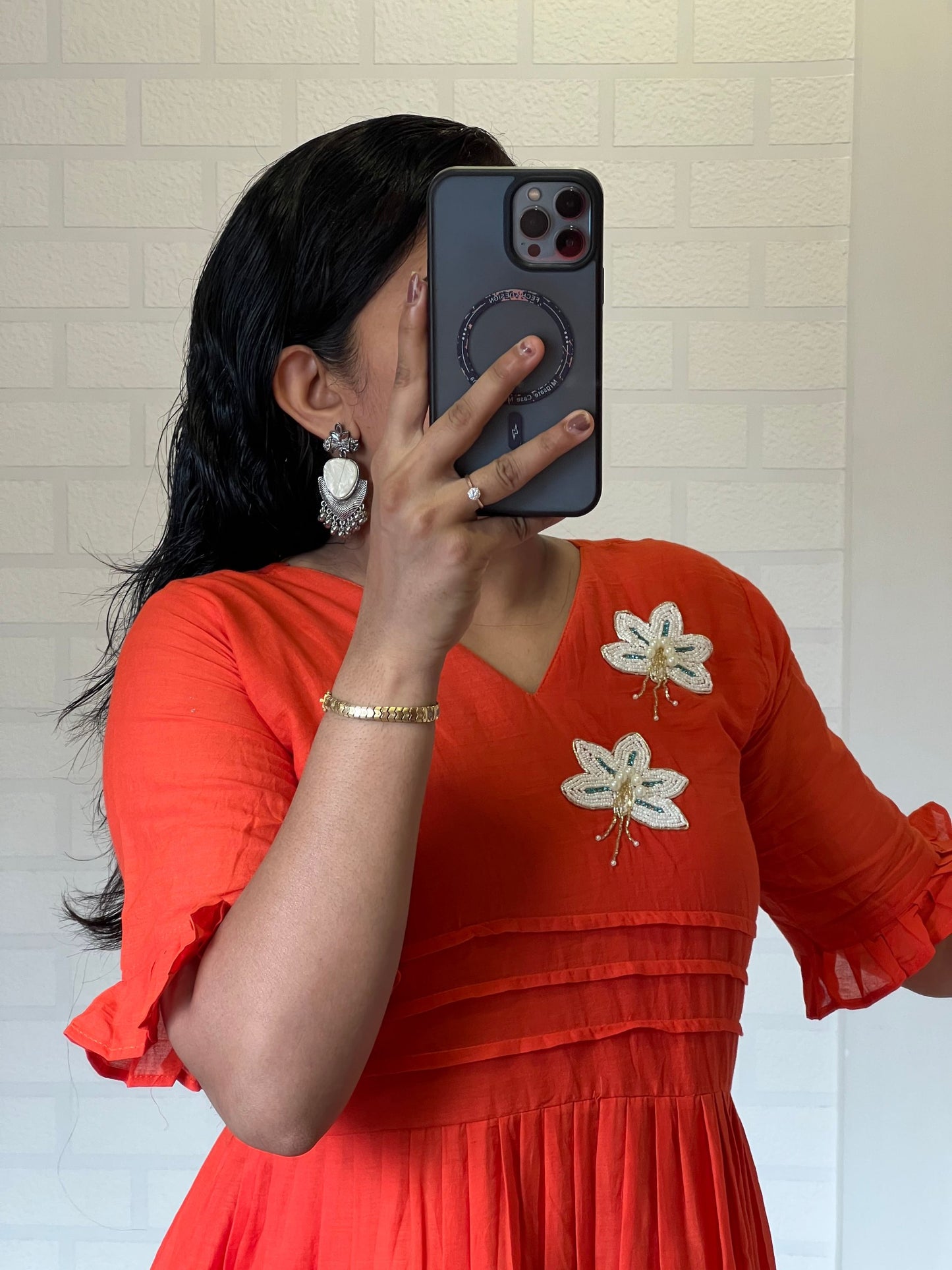 Amazing Orange Color Hand Maggam Work Kurti
