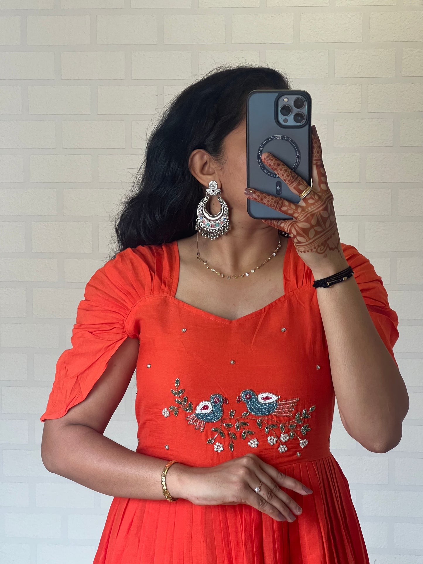 Orange Color Pure Mul Cotton Hand Maggam work Kurti