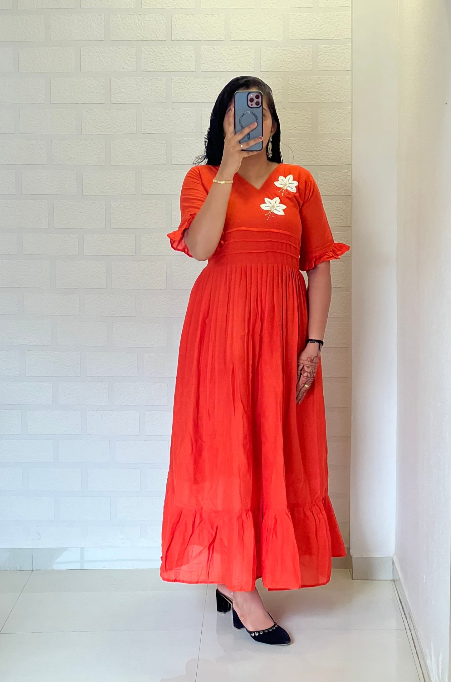Amazing Orange Color Hand Maggam Work Kurti