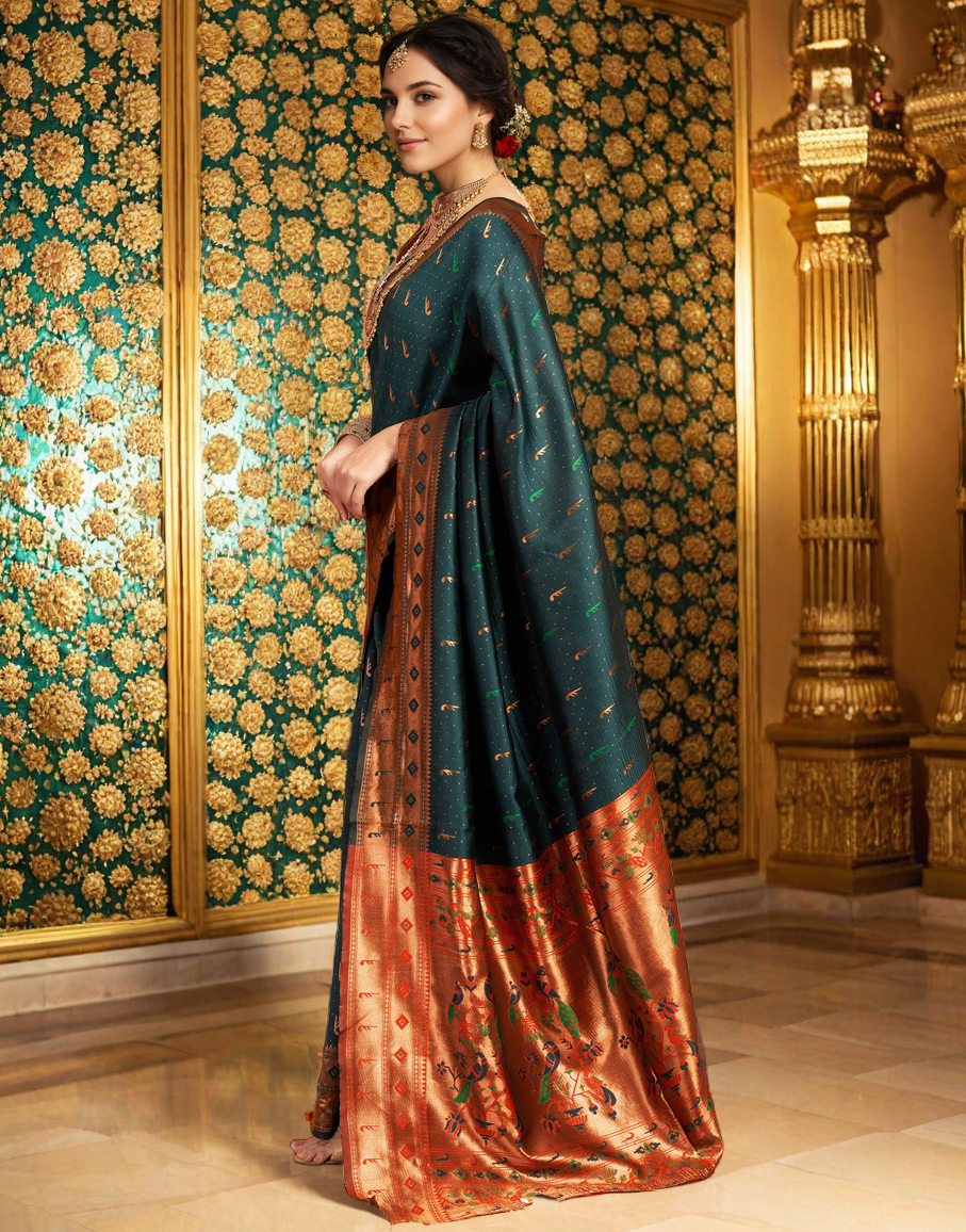 Amazing Dark Green Color Silk Woven Weaving Work Paithani Saree