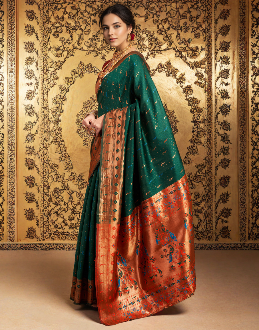 Amazing Green Color Silk Woven Weaving Work Paithani Saree