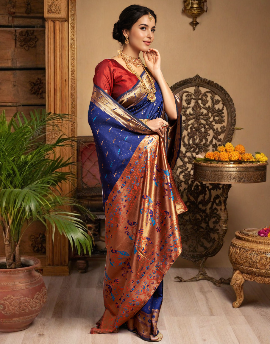 Amazing Navy Blue Color Silk Woven Weaving Work Paithani Saree