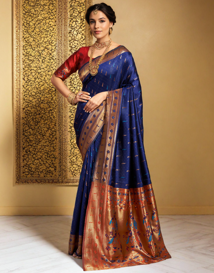 Amazing Navy Blue Color Silk Woven Weaving Work Paithani Saree
