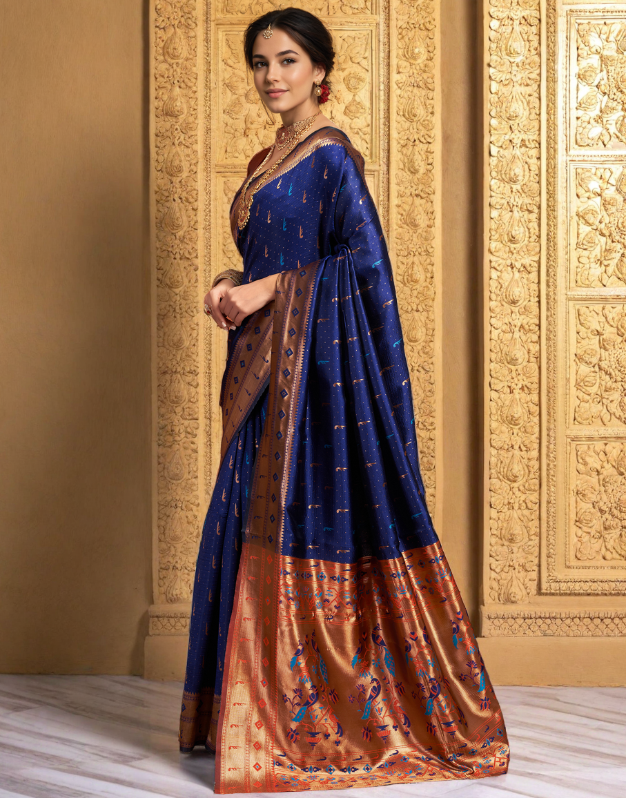 Amazing Navy Blue Color Silk Woven Weaving Work Paithani Saree