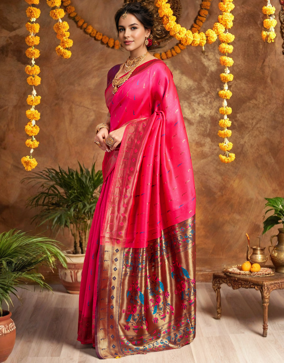 Amazing Pink Color Silk Woven Weaving Work Paithani Saree