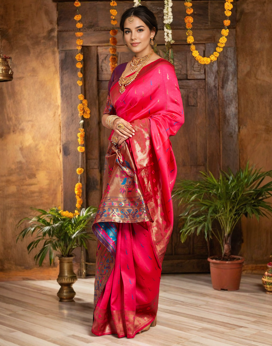 Amazing Pink Color Silk Woven Weaving Work Paithani Saree
