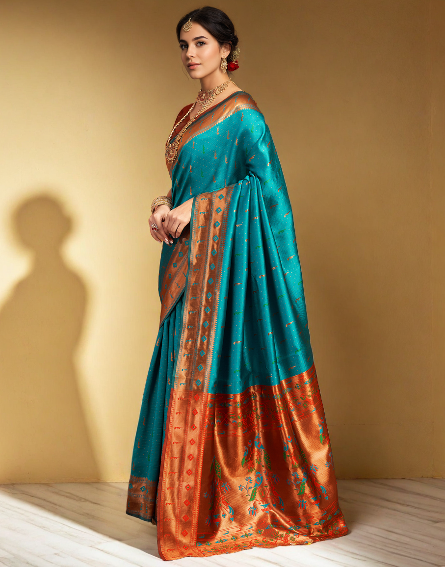 Amazing Rama Color Silk Woven Weaving Work Paithani Saree