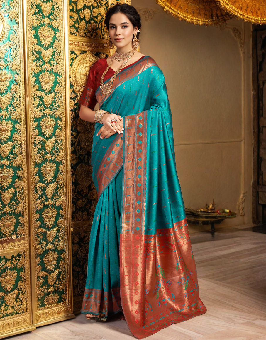 Amazing Rama Color Silk Woven Weaving Work Paithani Saree