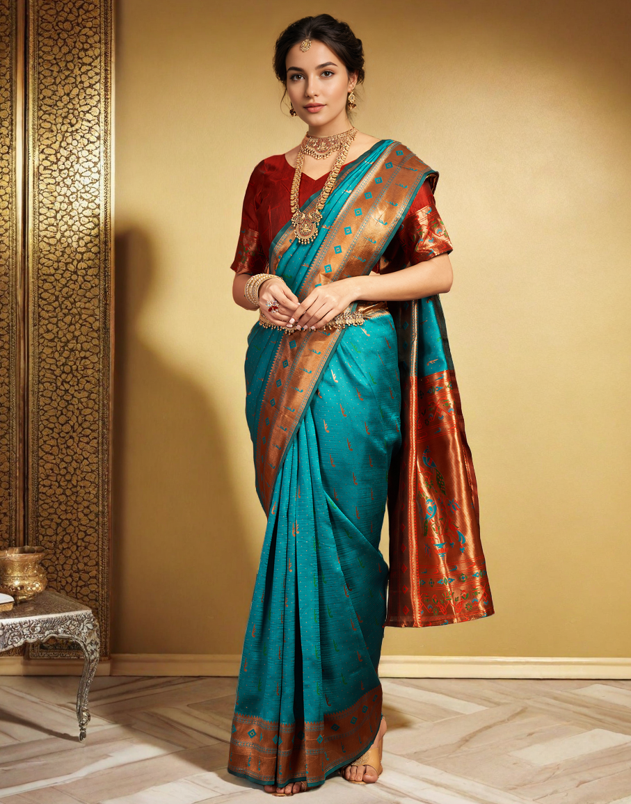 Amazing Rama Color Silk Woven Weaving Work Paithani Saree