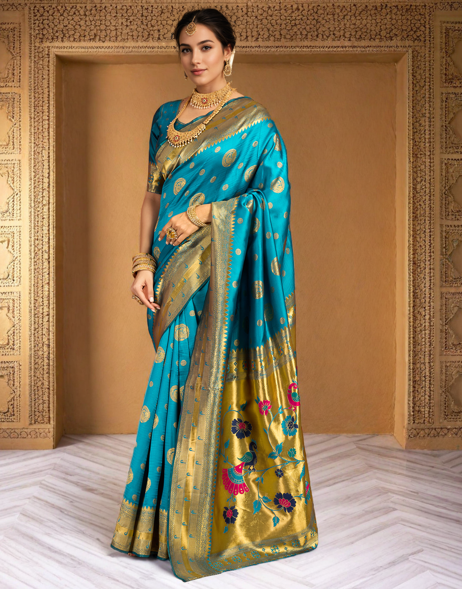 Aqua Color Silk Woven Weaving Work Paithani Saree