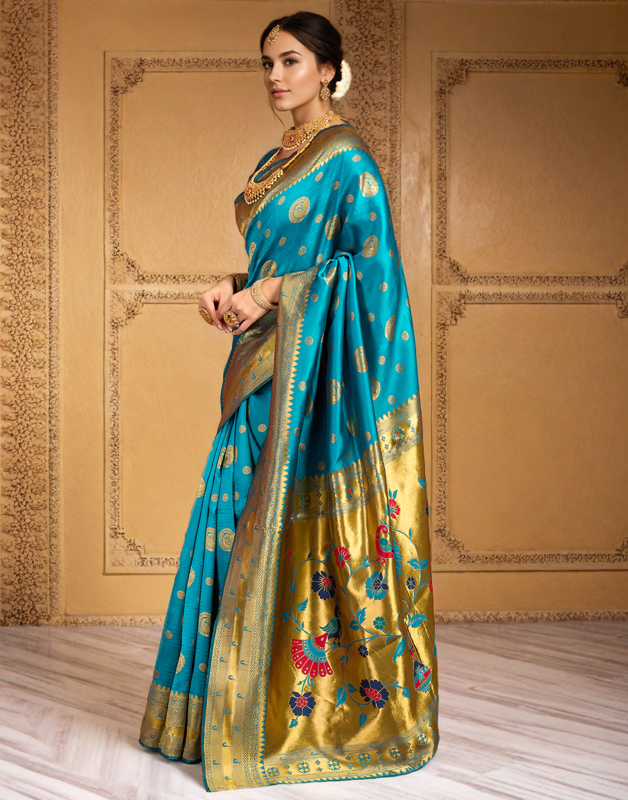 Aqua Color Silk Woven Weaving Work Paithani Saree