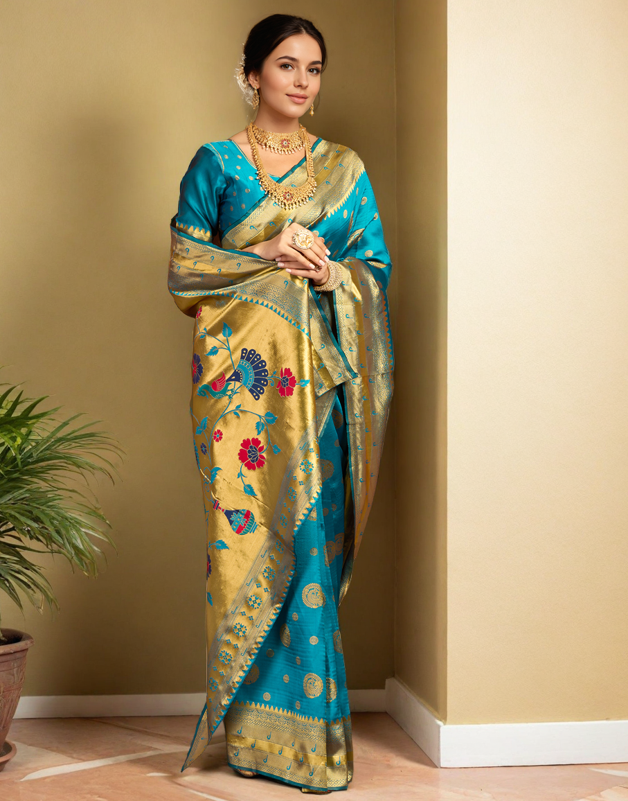 Aqua Color Silk Woven Weaving Work Paithani Saree