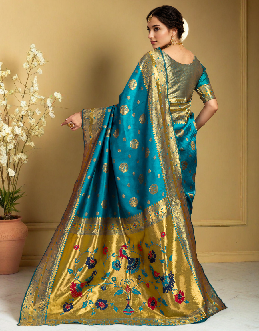Aqua Color Silk Woven Weaving Work Paithani Saree
