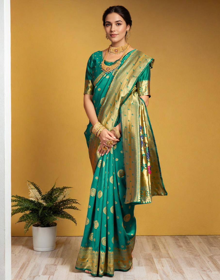 Green Color Silk Woven Weaving Work Paithani Saree