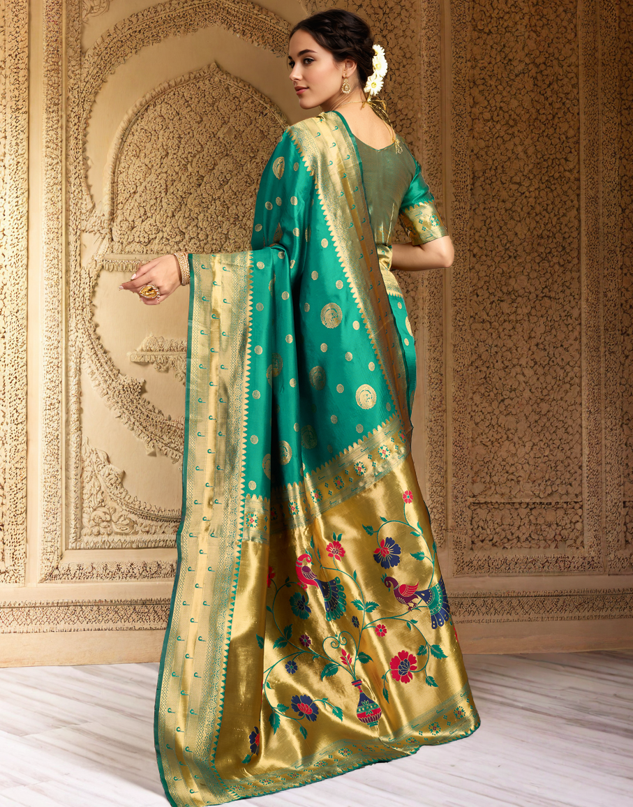 Green Color Silk Woven Weaving Work Paithani Saree