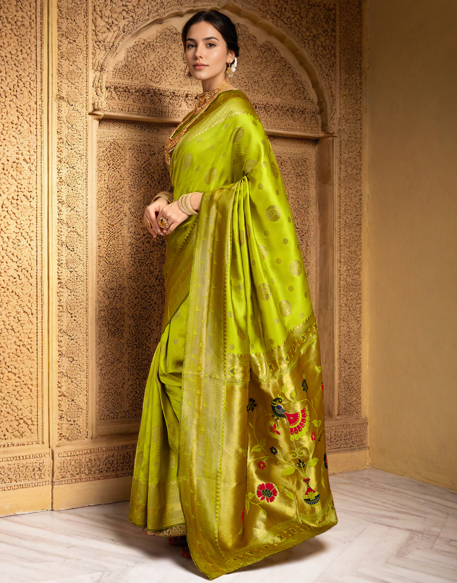 Lime Green Color Silk Woven Weaving Work Paithani Saree