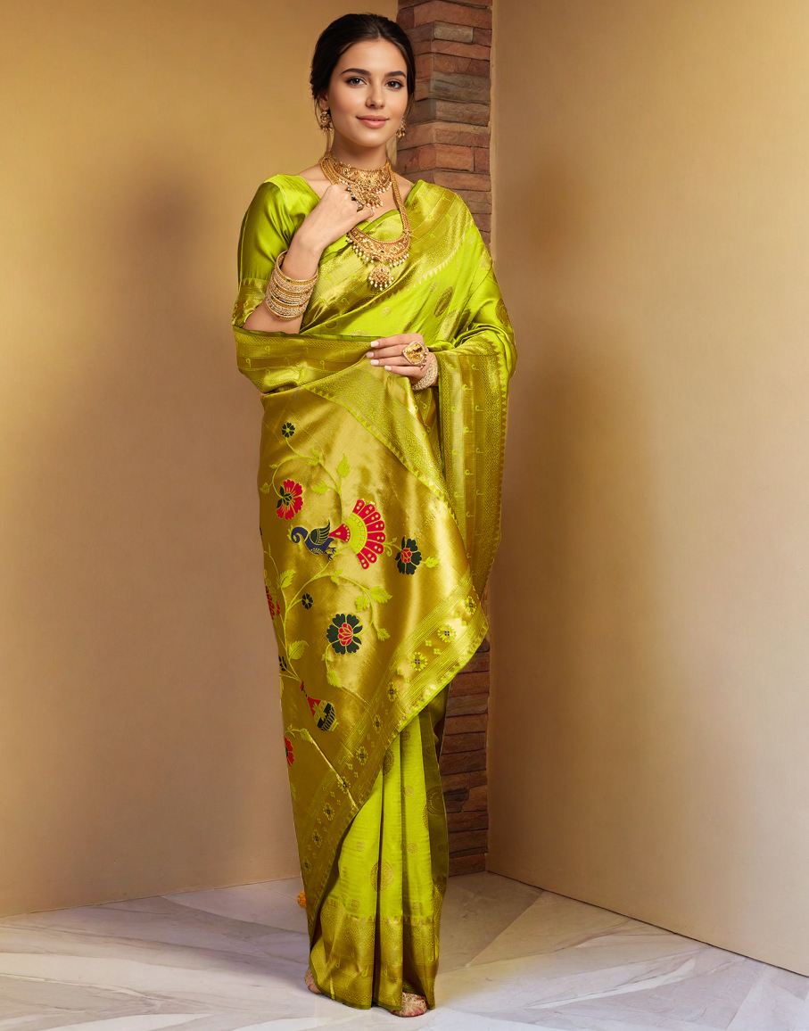 Lime Green Color Silk Woven Weaving Work Paithani Saree