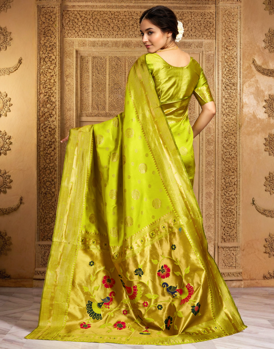 Lime Green Color Silk Woven Weaving Work Paithani Saree