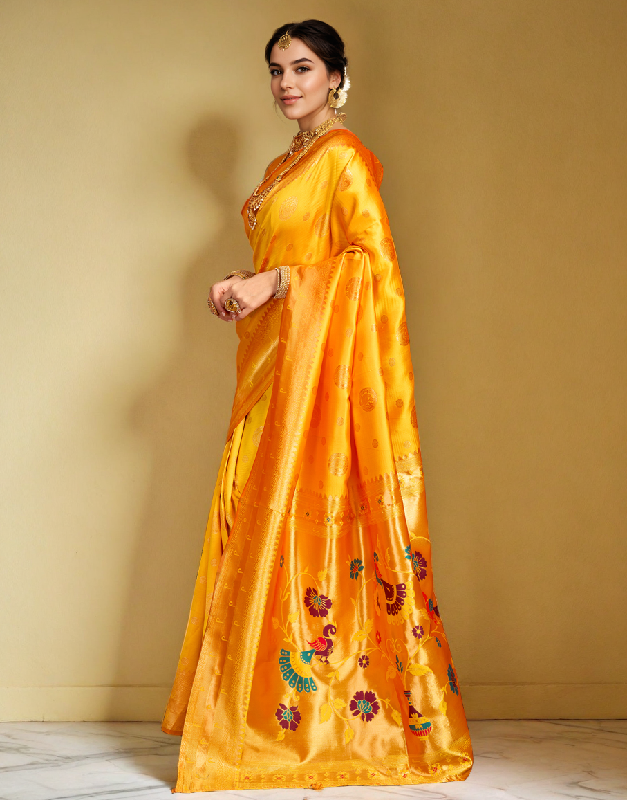 Musturd Color Silk Woven Weaving Work Paithani Saree