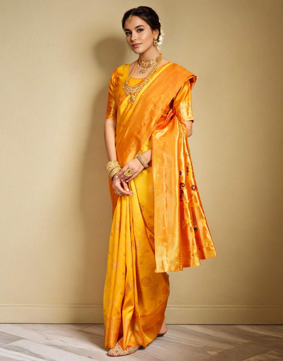 Musturd Color Silk Woven Weaving Work Paithani Saree