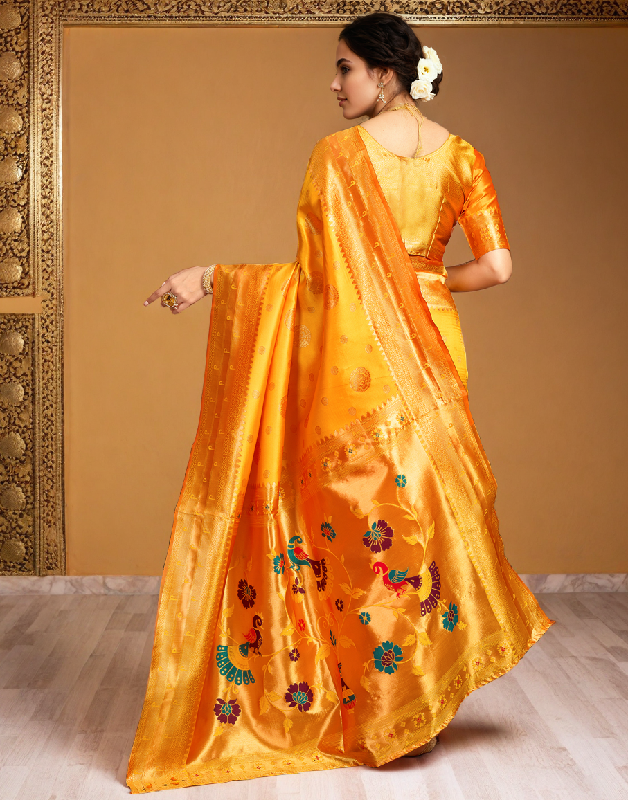 Musturd Color Silk Woven Weaving Work Paithani Saree