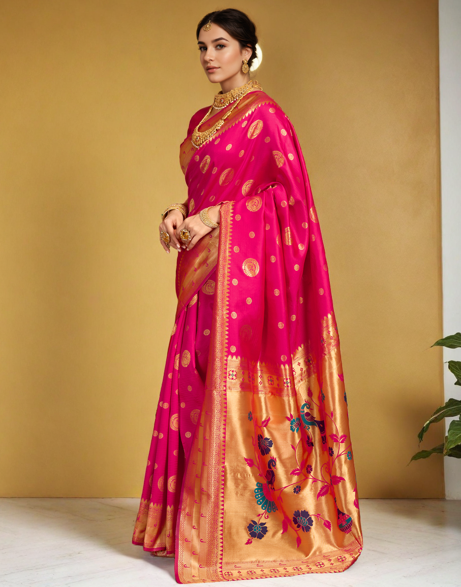 Pink Color Silk Woven Weaving Work Paithani Saree