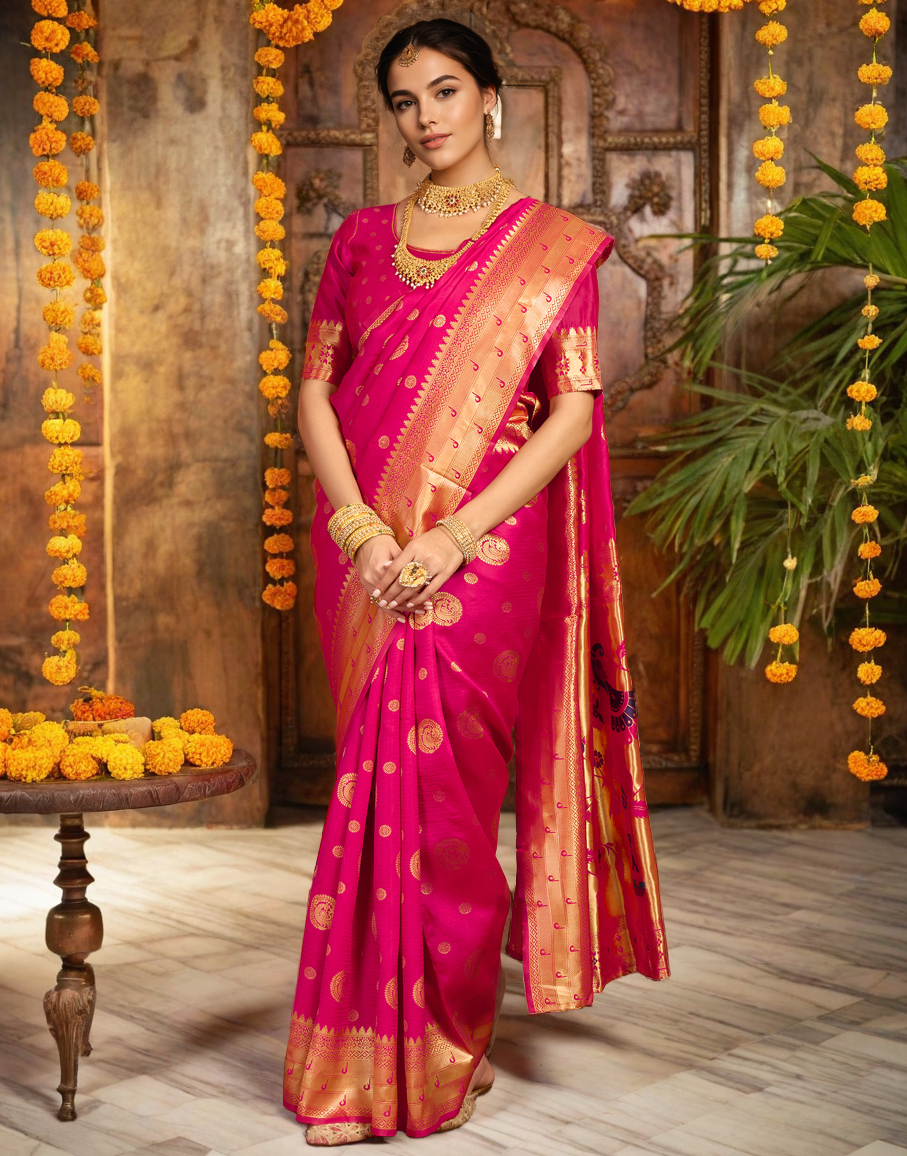 Pink Color Silk Woven Weaving Work Paithani Saree