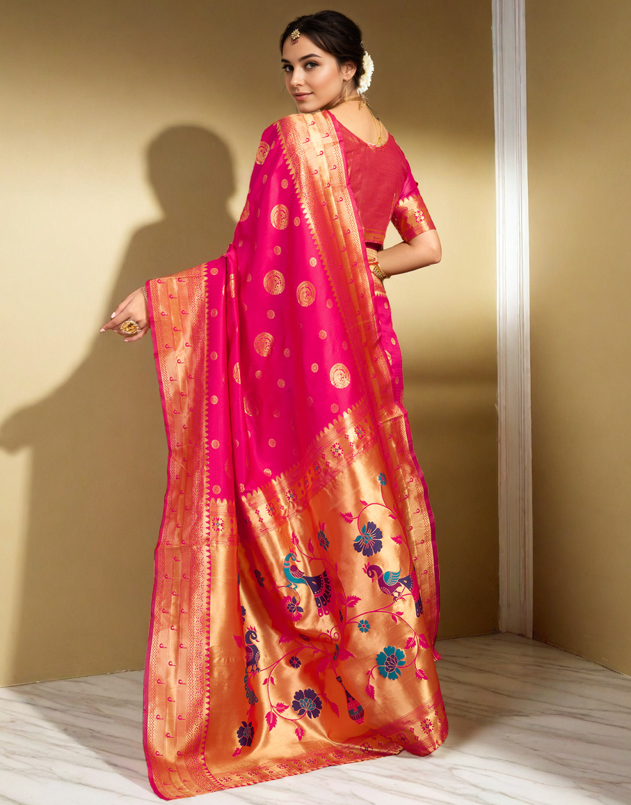 Pink Color Silk Woven Weaving Work Paithani Saree