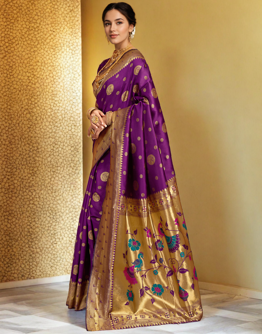 Purple Color Silk Woven Weaving Work Paithani Saree