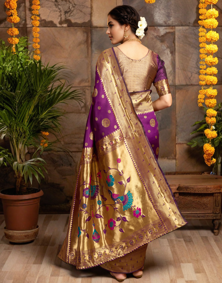 Purple Color Silk Woven Weaving Work Paithani Saree