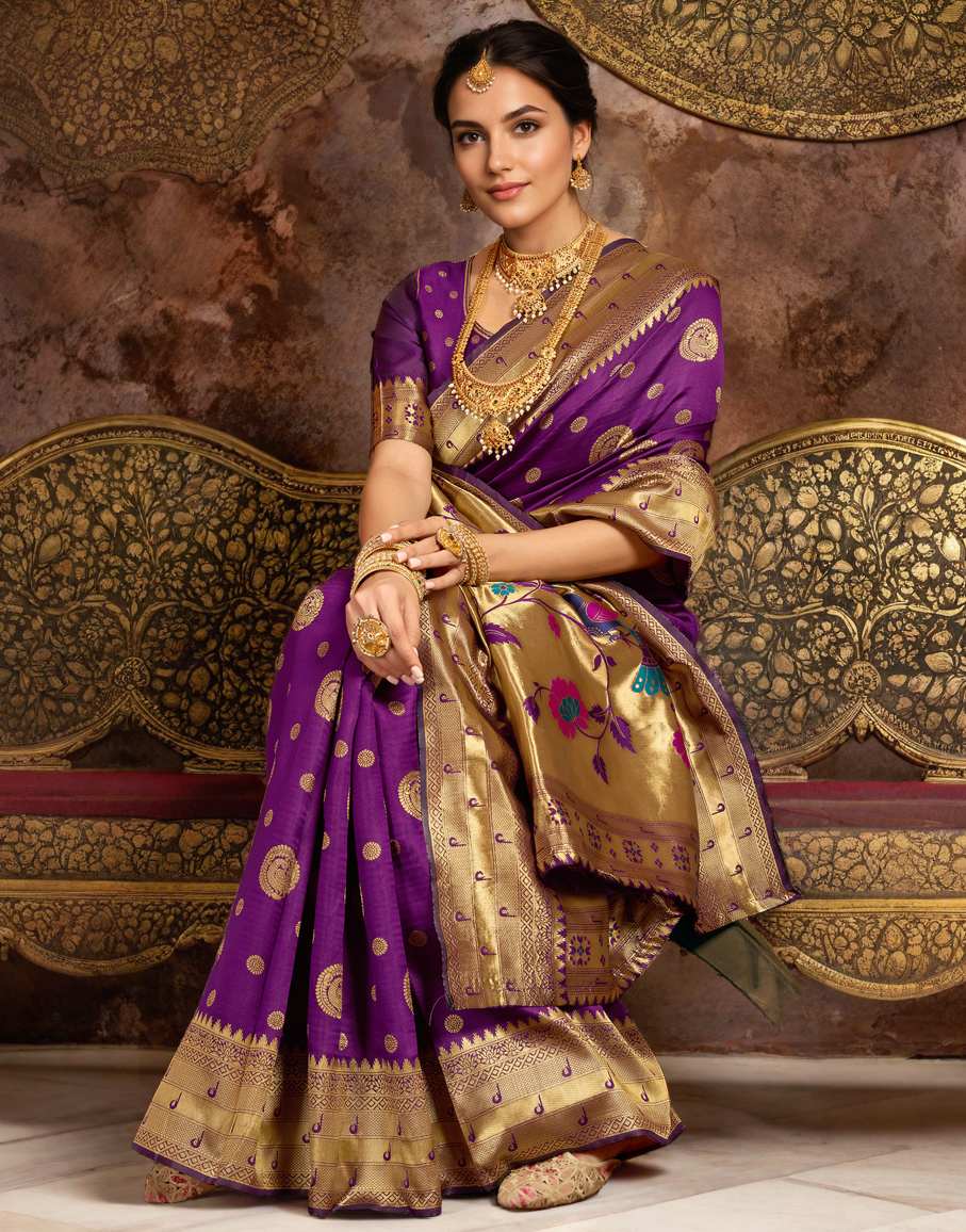 Purple Color Silk Woven Weaving Work Paithani Saree