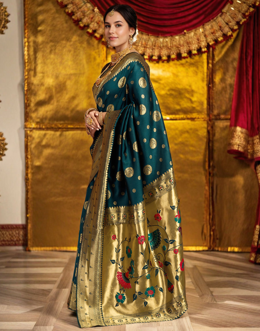 Teal Color Silk Woven Weaving Work Paithani Saree