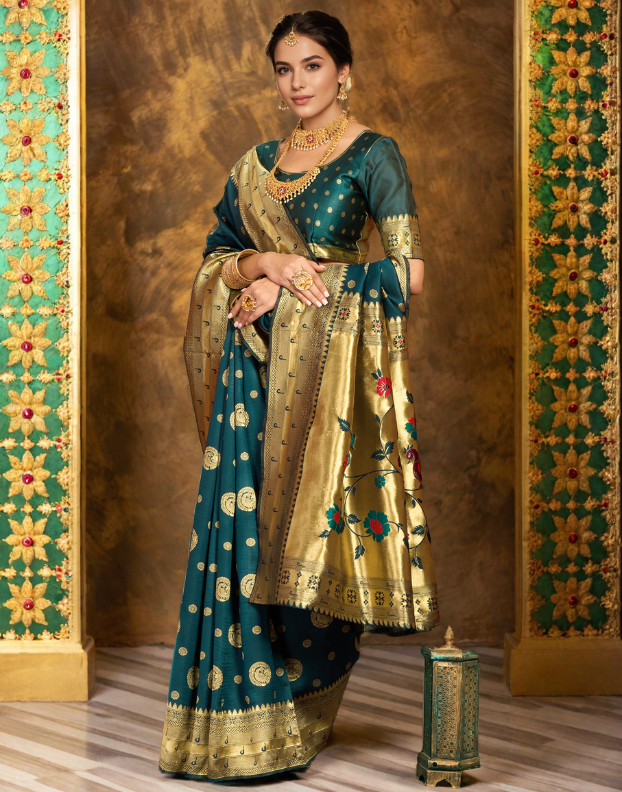 Teal Color Silk Woven Weaving Work Paithani Saree