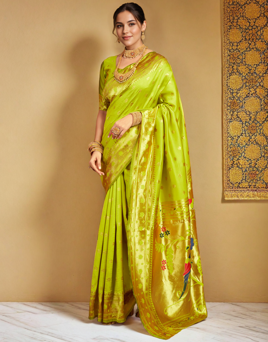 Lime Green Color Silk Weaving Work Paithani Saree