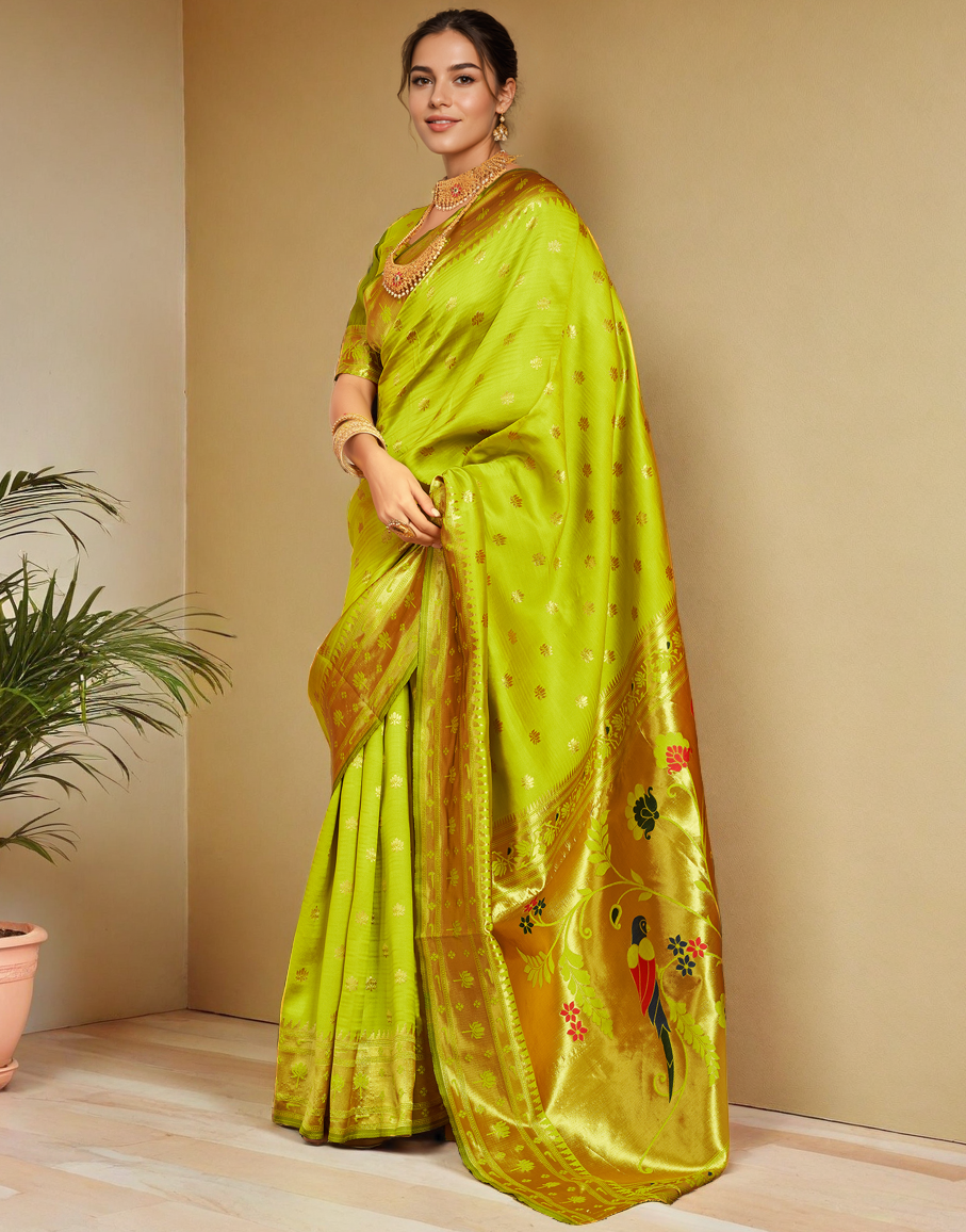 Lime Green Color Silk Weaving Work Paithani Saree