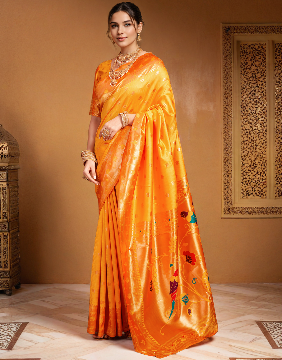 Orange Color Silk Weaving Work Paithani Saree